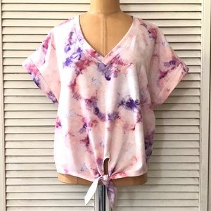 Zoe + Phoebe Womens Top Large Pink Purple Tie Dye Short Sleeve Casual Shirt